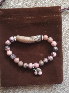 Pink Stone Beaded Bracelet with Heart Charm